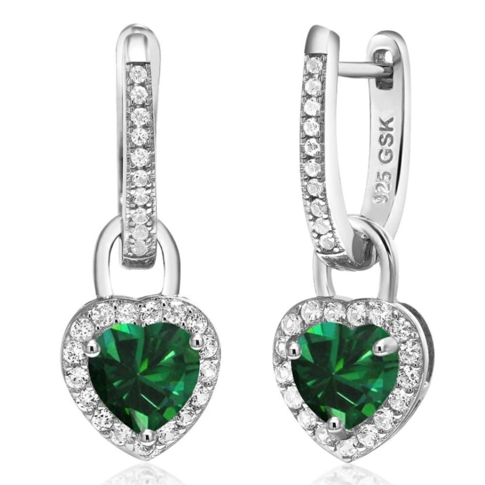 925 Sterling Silver with 1.86 Cttw Emerald and White Sapphire Heart Earrings